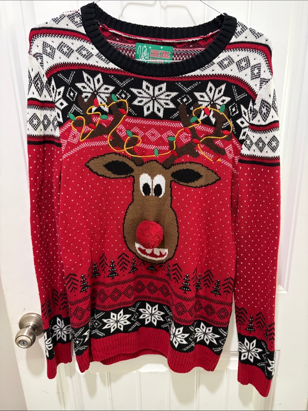 Ugly Christmas Sweater - Red Black White Reindeer Crewneck